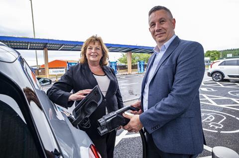 Simon Cowling, Director, EV at SSE, with Fiona Hyslop, Scottish Cabinet Secretary for Transport open the new Myrekirk EV Charging Hub in Dundee (4) (1)