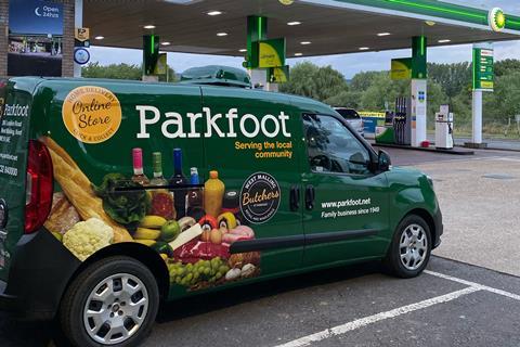 FT retailer Parkfoot Garage online shopping van on forecourt